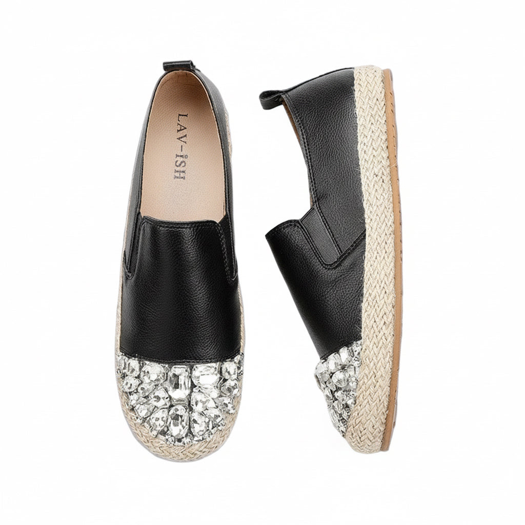 Black Jewelled Leather Espadrille