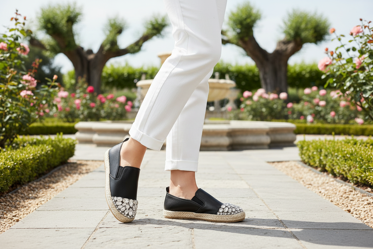 Black Jewelled Leather Espadrille