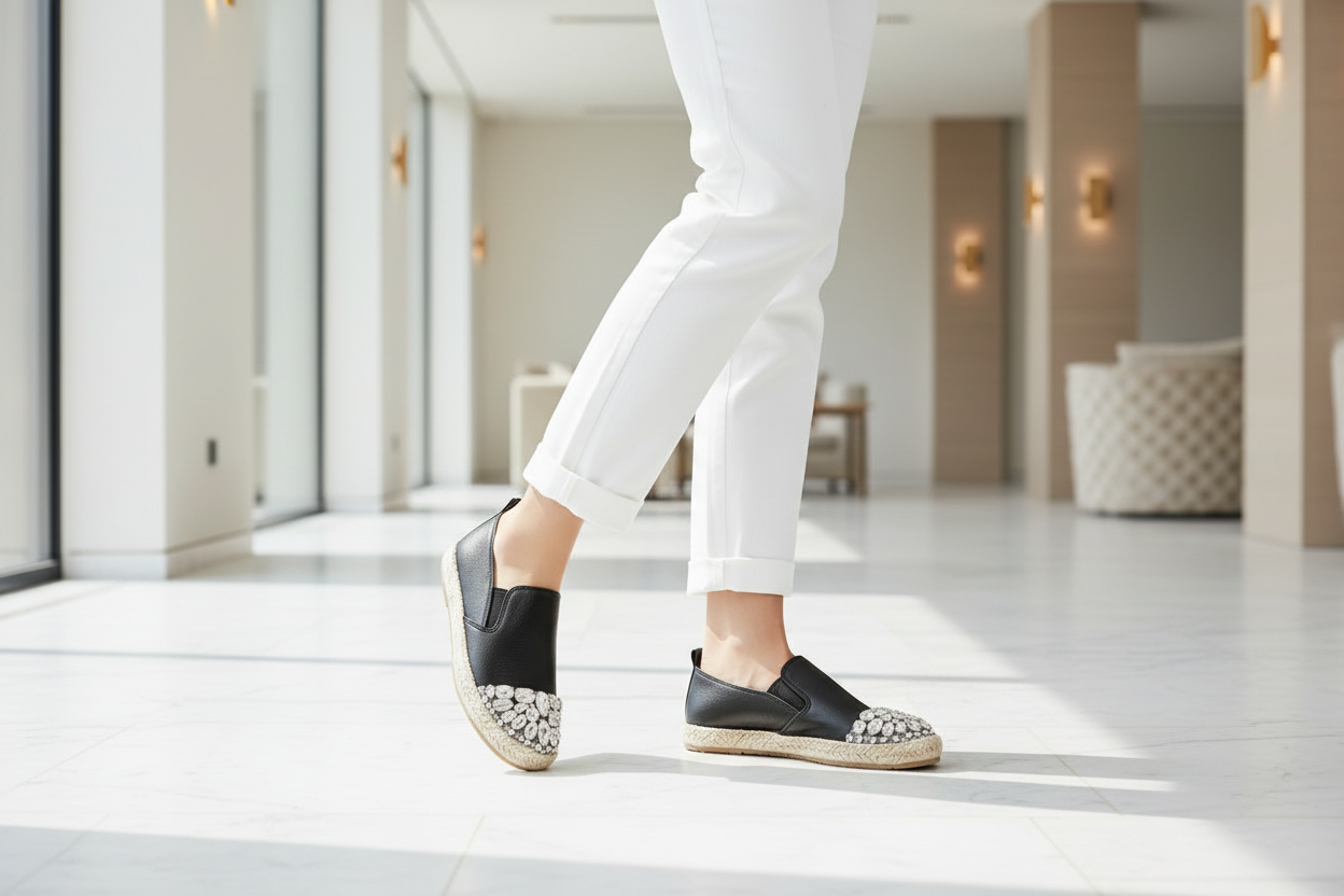 Black Jewelled Leather Espadrille
