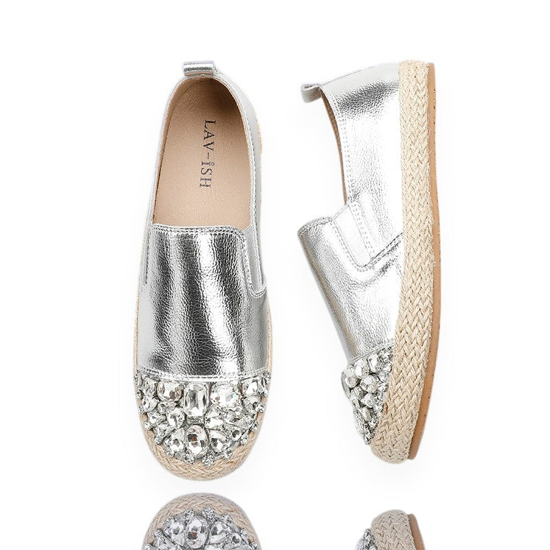Silver Jewelled Leather Espadrille