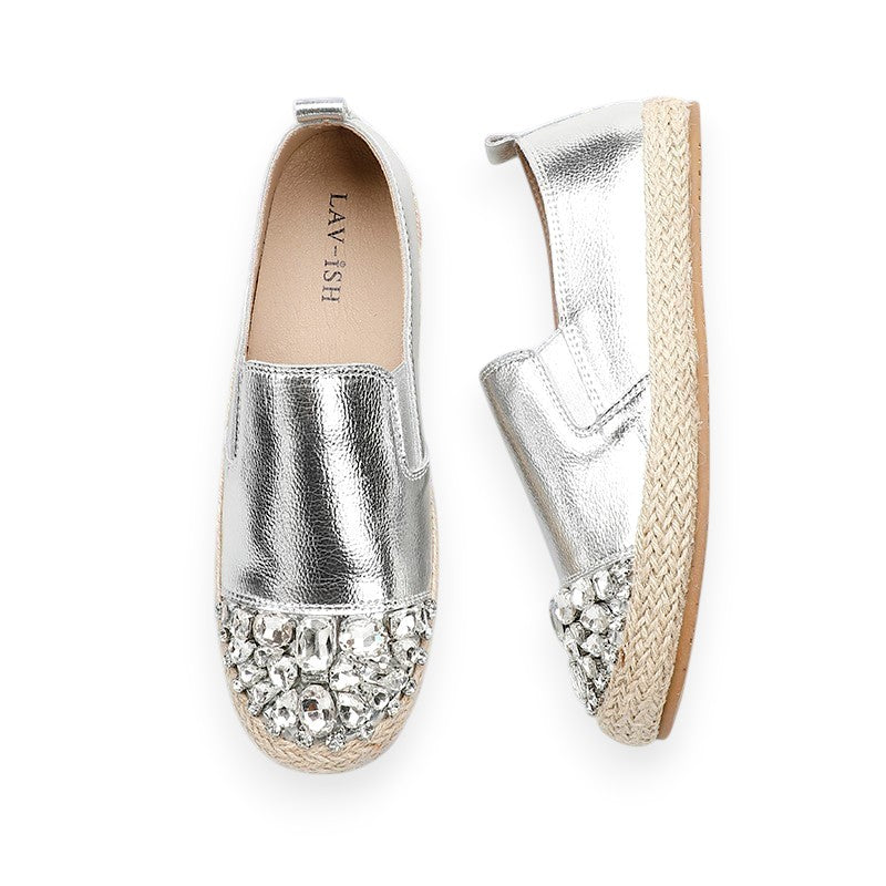 Silver Jewelled Leather Espadrille