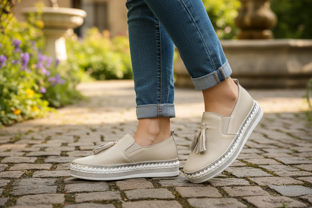 Beige Leather Tassel Slip‑On Sneaker