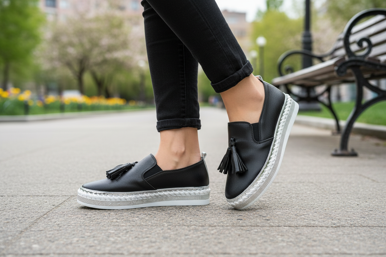 Black Leather Tassel Slip‑On Sneaker