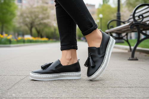 Black Leather Tassel Slip‑On Sneaker