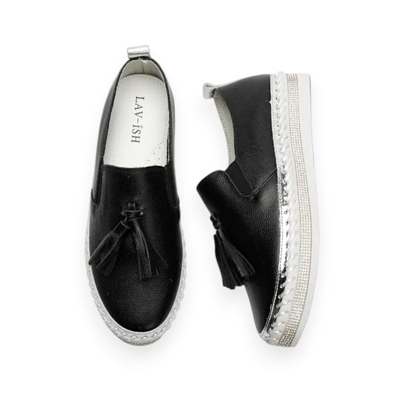 Black Leather Tassel Slip‑On Sneaker