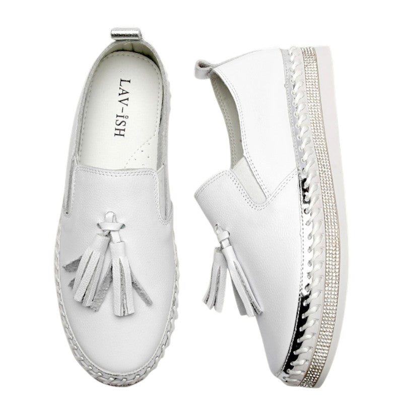 White Leather Tassel Slip‑On Sneaker