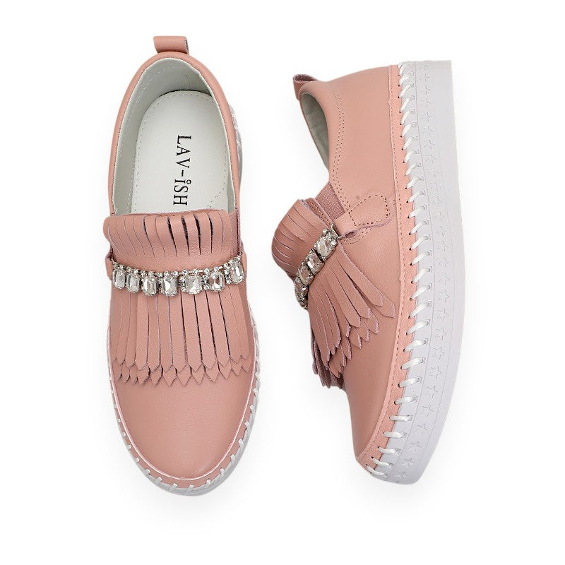 Lavish Collective Fringe Detail Leather Loafer — Blush