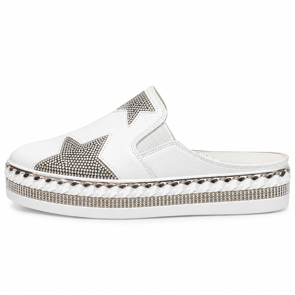 Lavish Collective Rhinestone Star Leather Slides — White