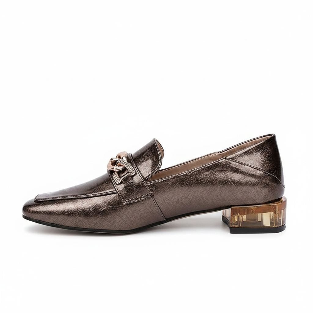 Bronze patent leather chain loafer with amber transparent heel, side profile view