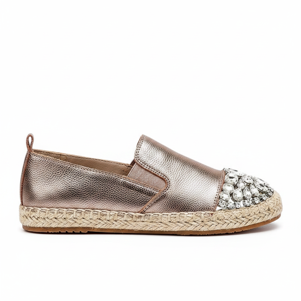 Bronze leather jewelled espadrille slip-on, full side profile showing jewelled toe cap on white background