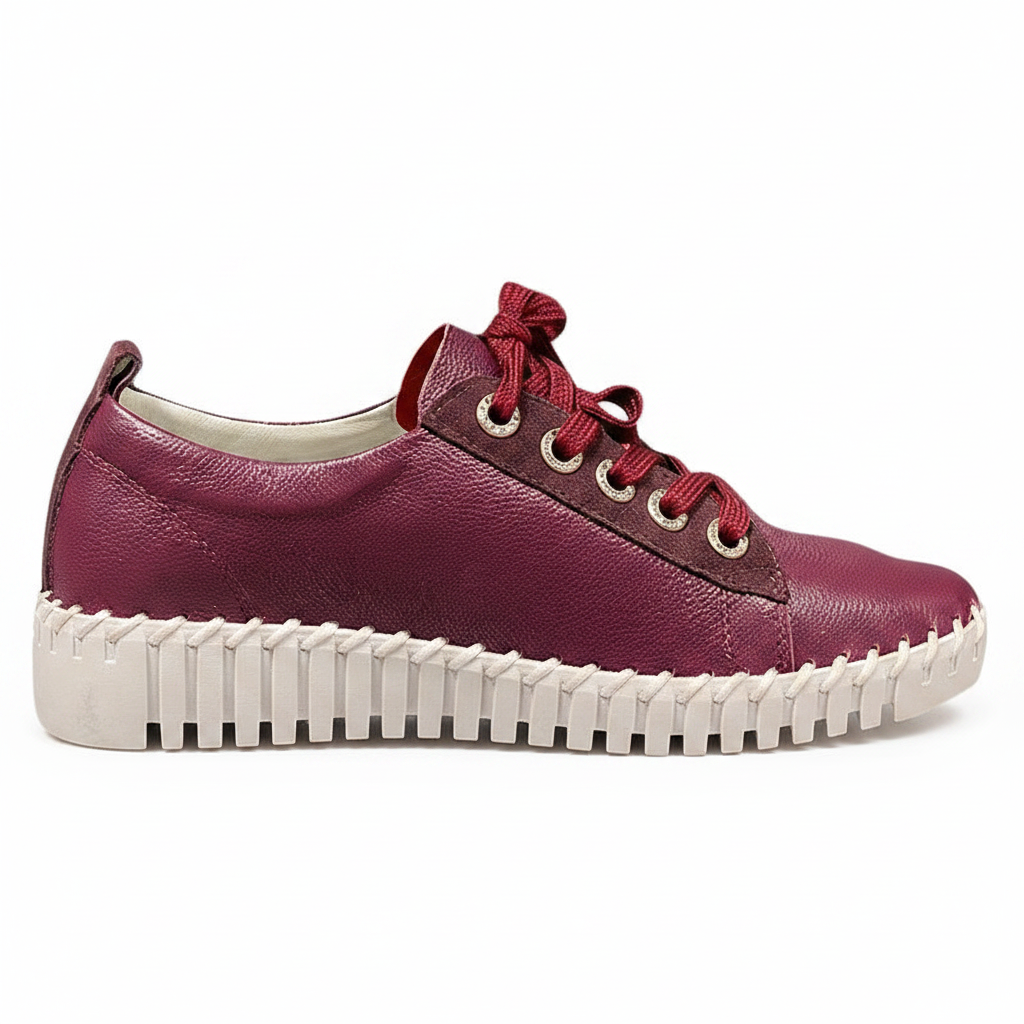 Plum leather point toe platform sneaker, side profile view on white background