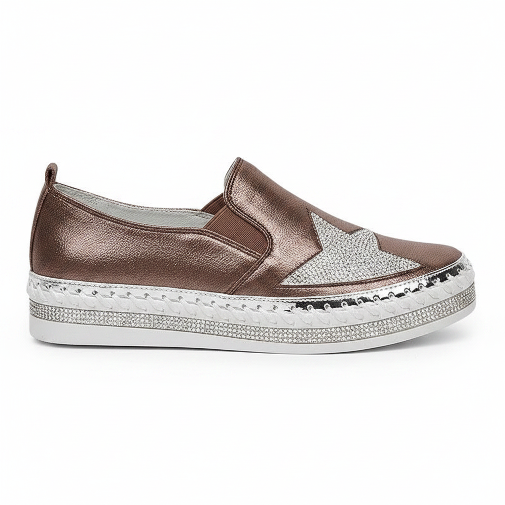 Bronze satin rhinestone star slip-on sneaker, side profile view on white background