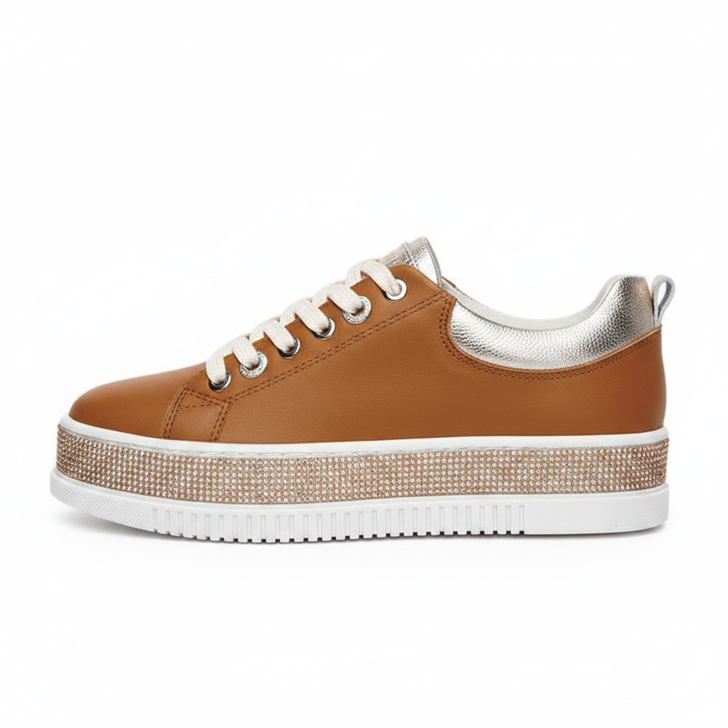 Leather Rhinestone Outsole Sneaker — Tan