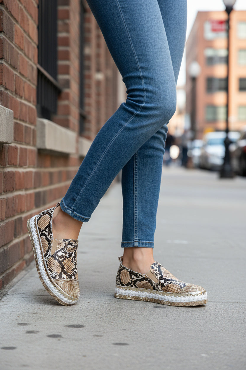 Tan Snakeskin Bling Sneakers